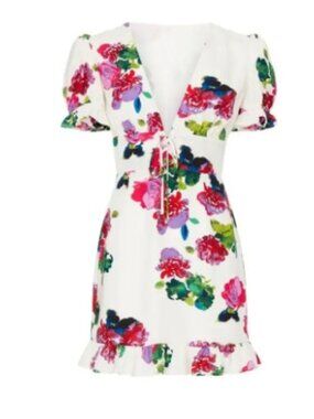 Ashley Park Floral Mini Dress with Ruffle Trim and Puffy Princess Sleeves
